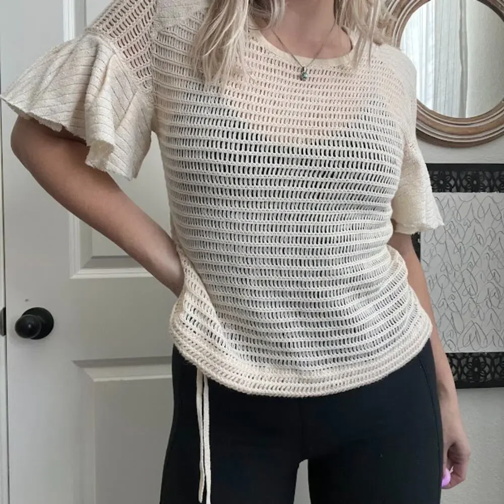 Free People Cream Side Cinch Open Knit Ruffle Sleeve Top Sz S